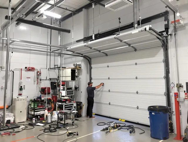 Duxbury Garage Door Repair certified technician performing commercial door repair at a Duxbury business facility