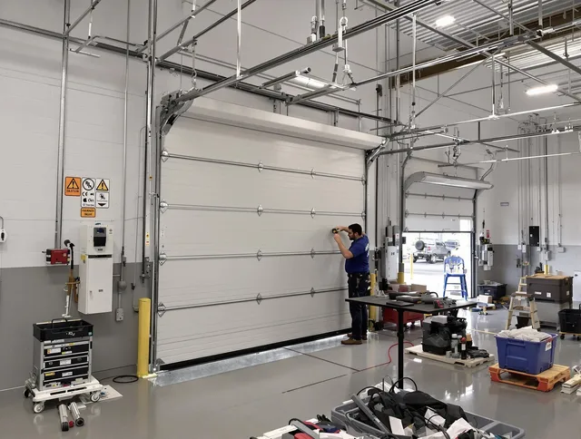 Commercial garage door repair being performed by Duxbury Garage Door Repair expert in Duxbury