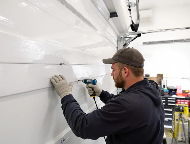 Duxbury Garage Door Repair technician demonstrating precision dent removal techniques on a Duxbury garage door