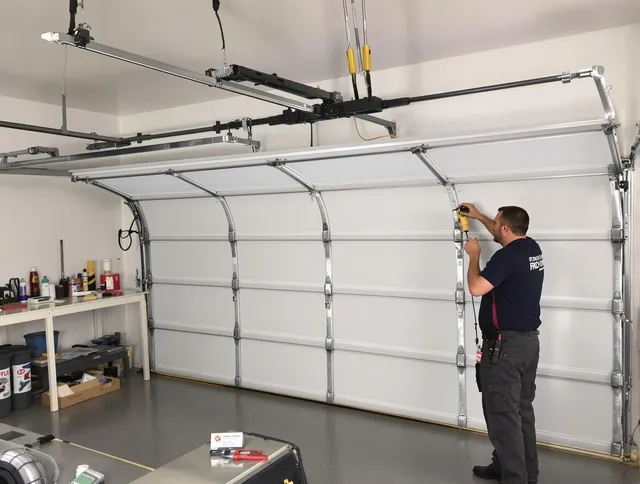 Duxbury Garage Door Repair certified technician performing overhead door system repair in Duxbury
