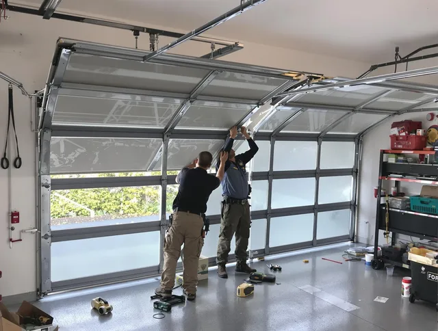 Duxbury Garage Door Repair expert performing precise panel replacement on Duxbury garage door