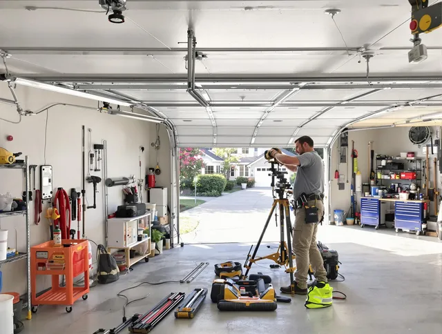 Duxbury Garage Door Repair specialist performing laser-guided track alignment in Duxbury